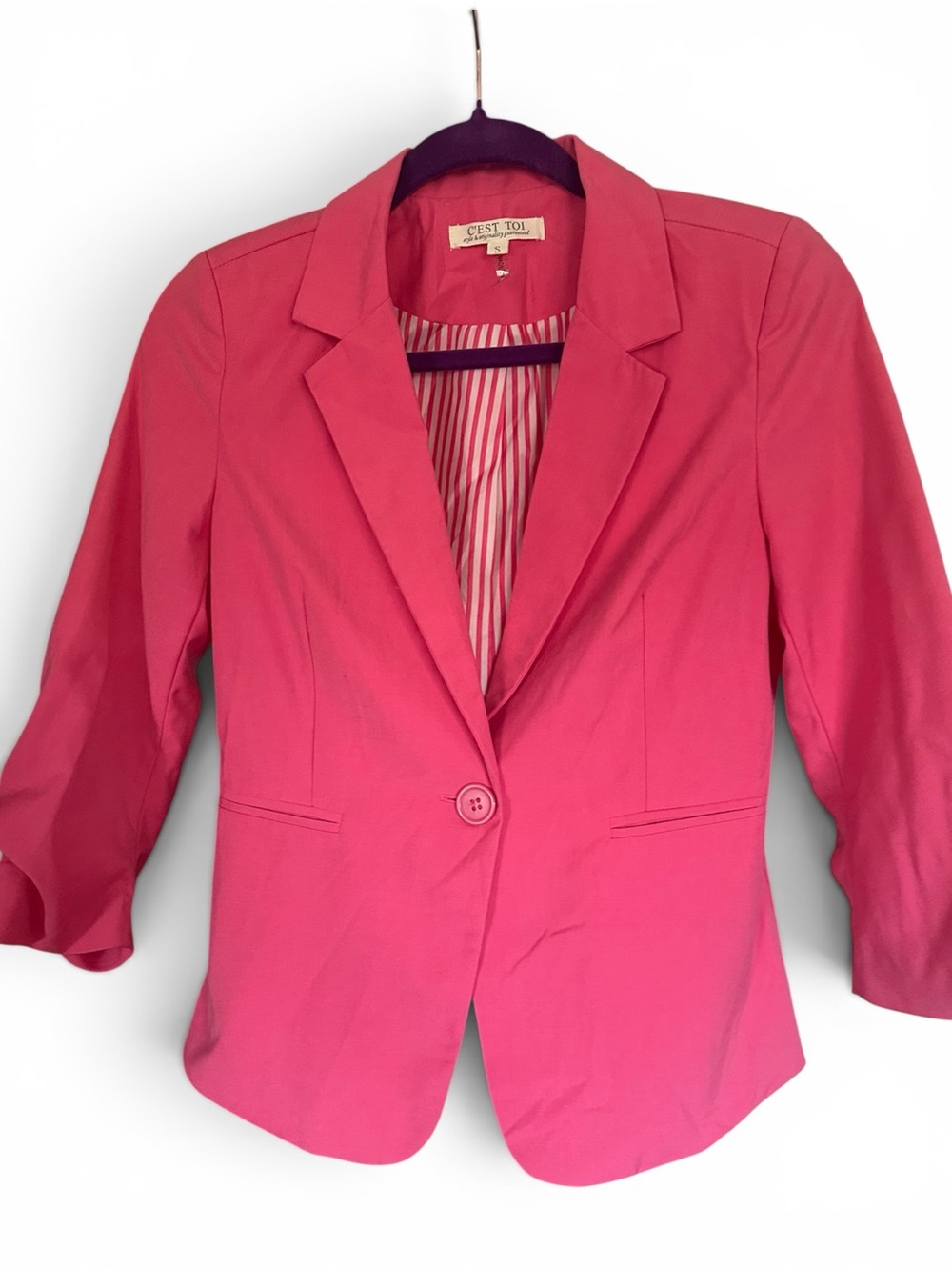 C'est Toi Women's Hot Pink Single-Button Blazer. Fun, Stylish, Fitted, Lined.